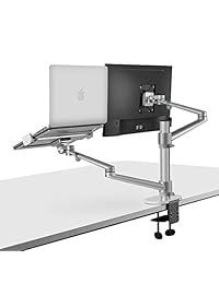 Viozon - Soporte para monitor y portátil, 2 en 1, ajustable, doble brazo para monitor, soporte para brazo de escritorio para pantallas de computadora LCD de 17 a 27 pulgadas, bandeja adicional para portátiles de 12 a 17 pulgadas