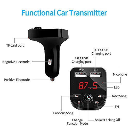 Wireless Bluetooth FM Transmitter for Car,Huifen Car Kit Audio Adapter & Receiver with Mic Handsfree Call MP3 Player Voice Navigation Fast Charger with 2 USB Ports,TF Card Port & AUX Output (Black) - Thumbnail 3