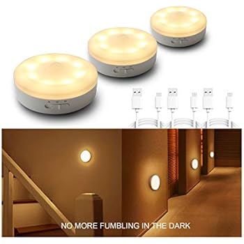 Rechargeable Motion Sensor Light 1000mAH LED Puck Lights, Stick Anywhere Light, Cordless Closet Light, Automatic Under Cabinet Lighting for Counter,Pantry,Wardrobe,Hallway,Stairs,Warm White 3 Pack