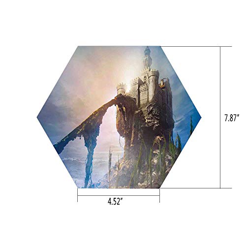iPrint Hexagon Wall Sticker,Mural Decal,Medieval Decor,Old Ancient Fantastic Castle on The Hill Legendary Royal Stories of Middle Age Mist Art,Grey Blue,for Home Decor 4.52x7.87 10 Pcs/Set