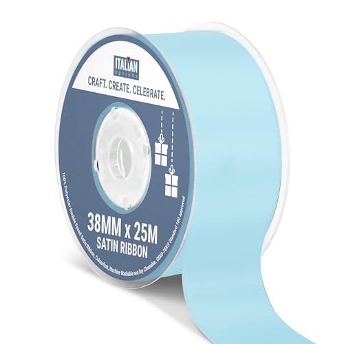 Italian Options Satin Ribbon, Fabric Ribbons for Gift Wrapping, Crafting, Balloons, Wedding Car, Presents, Cake, Christmas, Birthday, Gift Wrap Accessories, 38mm Wide x 25 Metre Roll, Pale Blue