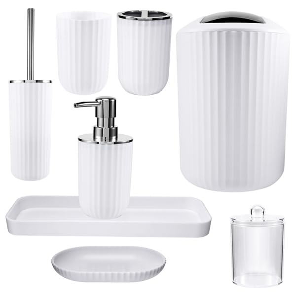 Nvanvmm 8 Pieces Bathroom Accessories Set White- Bathroom Bin,Toilet Bowl Brush,Hand Soap Dispenser, Mouthwash Cup, Toothbrush Holder, Toothpick Holder, Soap Dish, Holder Tray - Bathroom Accessory