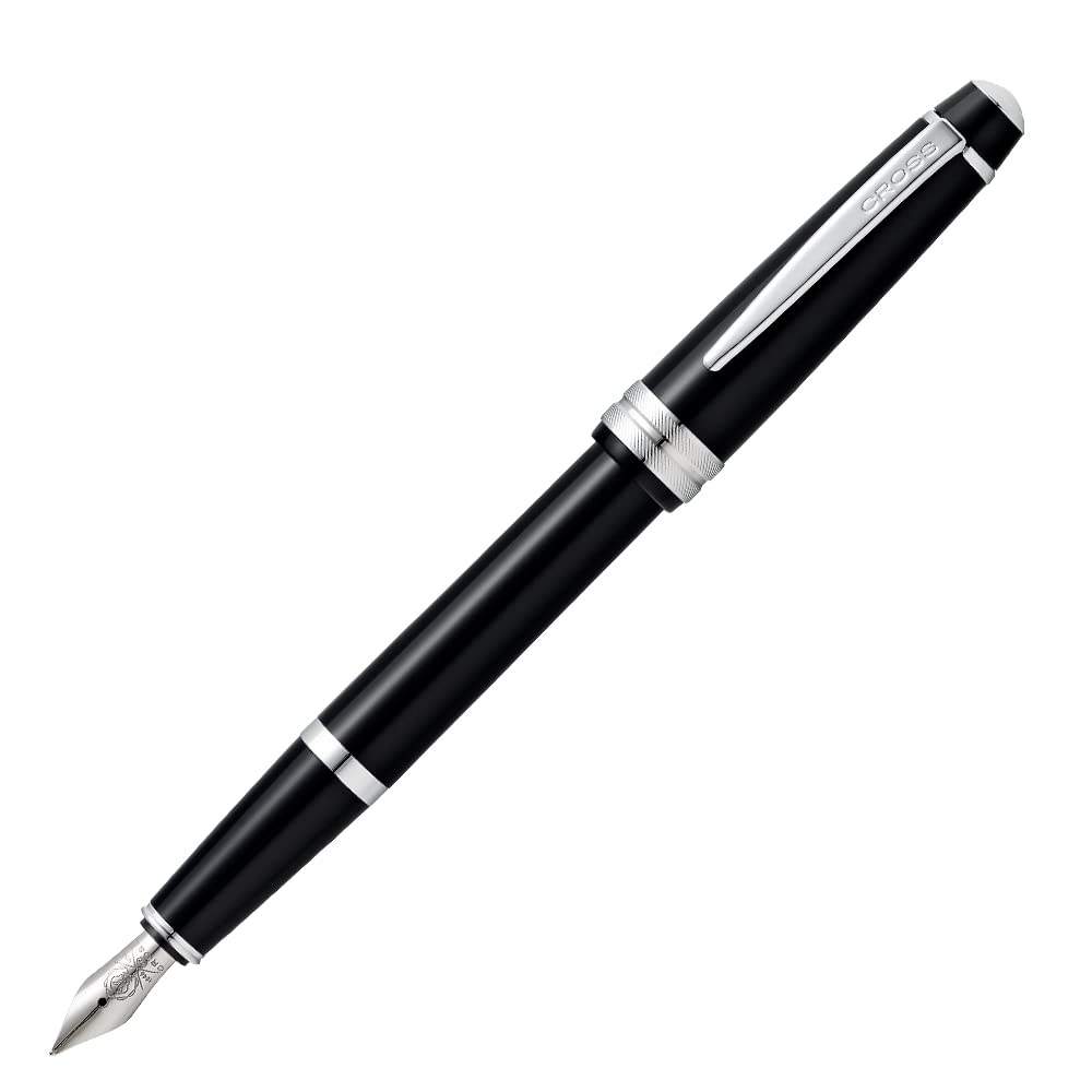 CROSS Bailey Light Click-Off Cap Plastic Fountain Pen with Resin Finish, Medium Fountain, Black Cartridge, 1 Pack, Polished Black