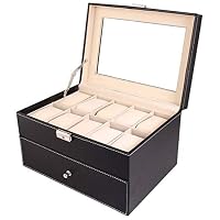 GAIBO 20 Slot Leather Watch Box, Case Organizer with Glass Top, for Display Jewelry Storage Black