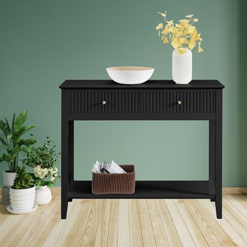 ALTALIA DECO HOME Credenza Recibidor - Mueble Recibidor Moderno de Madera Color Vintage Consola Mesa de Entrada con Particiones Dobles Ideal para Recibidor de Entrada, Sala Comedor Mueble TV (Negro)