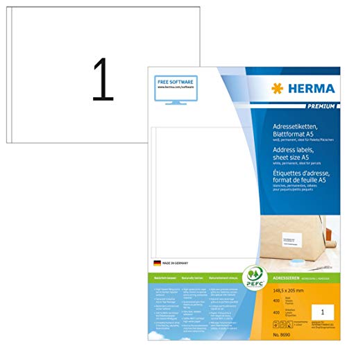 HERMA 8690 Universal Etiketten, 400 Blatt, 148,5 x 205 mm, 1 pro A5 Bogen, 400 Stück, selbstklebend, bedruckbar, matt, blanko Papier Klebeetiketten Aufkleber, weiß
