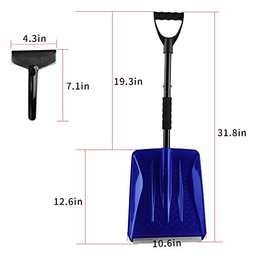 V VONTOX Snow Shovel, Detachable Plastic Snow Shovel with D-Grip Handle and Aluminum Edge Blade,Portable Compact for Car, Truck, Outdoor Camping Garden (with Small Snow Shovel Scraper) (Blue)