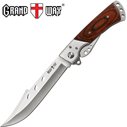 Pocket Folding Knife with Rosewood Classic Handle - Spring Assissted Stainless Steel Knife - Foldable Locking Blade and Speed Safe - Sharp Dagger Design - Knife For EDC - Grand Way 4172 K