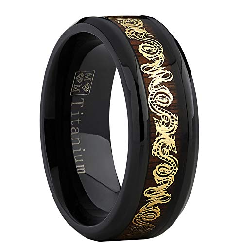Metal Masters Co. Men's Black Titanium Wedding Band Ring with Goldtone Dragon Inlay Over Real Wood - Thumbnail 5