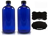 16oz Cobalt Blue Glass Bottles with Reusable Chalk Labels(2 Pack), Refillable Glass Bottles, with Black Screw On Lid