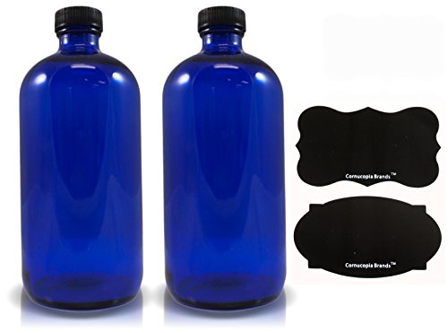16oz Cobalt Blue Glass Bottles with Reusable Chalk Labels(2 Pack), Refillable Glass Bottles, with Black Screw On Lid