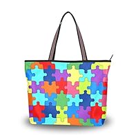 ColourLife Women Top Handle Tote Bag Colorful Puzzle Piece Shoulder Bag Handbag