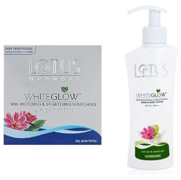 Lotus Herbals White Glow Skin Whitening And Brightening Nourishing Night Creme, 60g and Lotus Herbals White Glow Skin Whitening and Brightening SPF-25 Hand and Body Lotion, 300ml