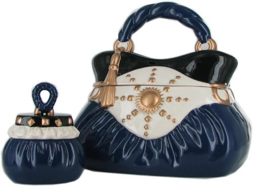 David's Cookies Handbag Ceramic Cookie Jar and Candy Jar - Decorative Containers for Snacks and Treats - Hand-Painted Hostess Gift - Navy