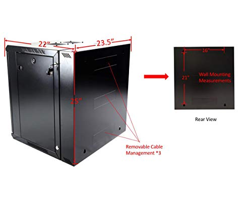 AEONS 12U Professional Wall Mount Server Cabinet Enclosure Double Section Hinged Swing Out 19-Inch Server Network Rack Locking Glass Door 22-Inches Deep Black (Fully Assembled) - Thumbnail 7