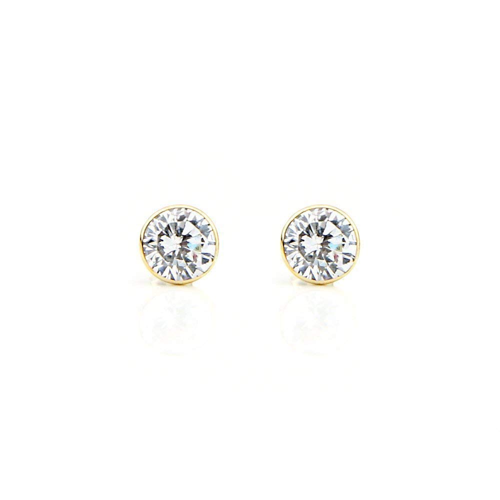 14K Yellow Gold Handmade Stud Earrings With 6 MM Round Cubic Zirconia 2
