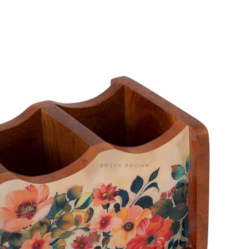 Brick Brown ® Premium Wooden Pastel Flora Cutlery Holder Spoon stand for kitchen | cutlery holder for dining table | wooden caddy storage organiser stand with 3 section Caddy holder (8.2x4.2x4 inch)