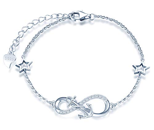 MicLee Woman's girl's Bracelet, 925 Sterling Silver bracelet, Anchor and infinity symbol bracelet, with mini hollow star, Inlaid zircon, adjustable chain, design of Ocean theme bracelet