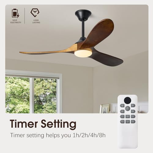 KUNYWOOE 52“ Ceiling Fan with Lights and Remote, App Control, 3 Solid Wood Fan Blades, Dimmable LED, 6 Fan Speeds Reversible for Bedrooms, Living Room, Outdoor Ceiling Fan for Patios (Walnut)
