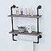 Industrial Bathroom Shelves Wall Mounted 2 Tiered,Rustic 24in Pipe Shelving Wood Shelf with Towel Bar,Farmhouse Towel Rack,Metal Floating Shelves Towel Holder,Iron Distressed Shelf Over Toilet