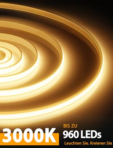 OYKYOHEI COB LED Strip, Warm White, Dimmable, 3 m LED Strip with Remote Control, 3000 K, Self-Adhesive, Waterproof Neon LED Strip, 10 mm Wide, Silicone Flexible Light Strip for TV, Bedroom, CRI90+