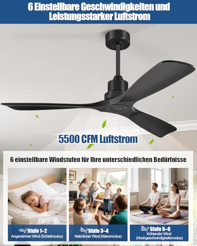 Forrovenco Ceiling Fan without Light 132 cm, Ceiling Fan with Remote Control, Outdoor Ceiling Fans, 3 Wooden Blades, 3 Extensions, 6 Levels, Reversible DC Motor, 132 cm, Black Without Light