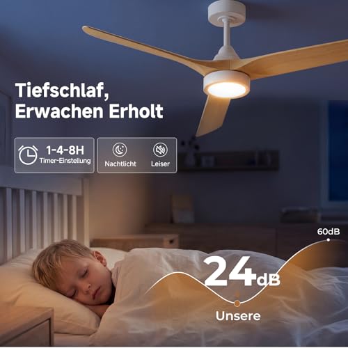 Ateroll 132 cm Ceiling Fan with Lighting and Remote Control, Ultra Quiet DC Motor, 3 Blades, 6 Speeds, 1/4/8H Timer, Dimmable LED, Summer Winter Operation for Living Room, Bedroom