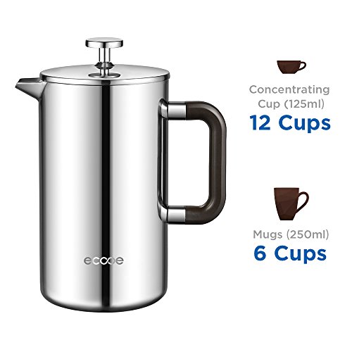 ecooe 1.5L French Press Kaffee Doppelwandiger Kaffeebereiter aus 18/10 Rostenfrei Edelstahl mit 3 Filtern Silber 1500ml – Bild 7