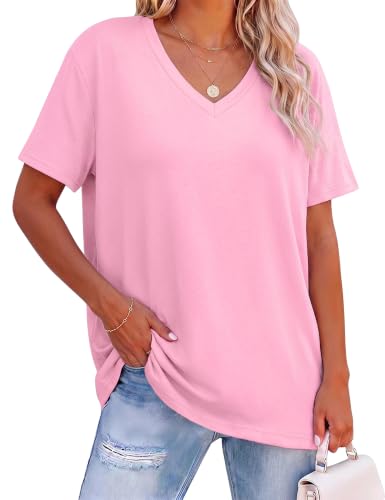 Totatuit Women's T-Shirt Oversize Short Sleeve V-Neck T-Shirt Summer Blouse Loose Top Basic Casual Elegant Loose T-Shirt Plus Size S-3XL