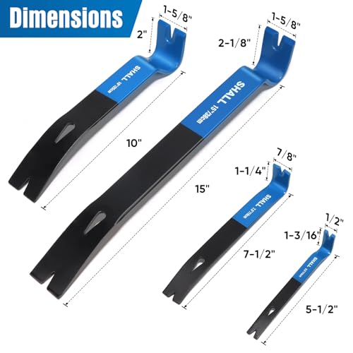 SHALL Set of 4 Flat Levers 15" 10" 7.5" 5.5" Heavy Duty Pry Bar and Mini Nail Puller Utility Claw Bar Bar Bar