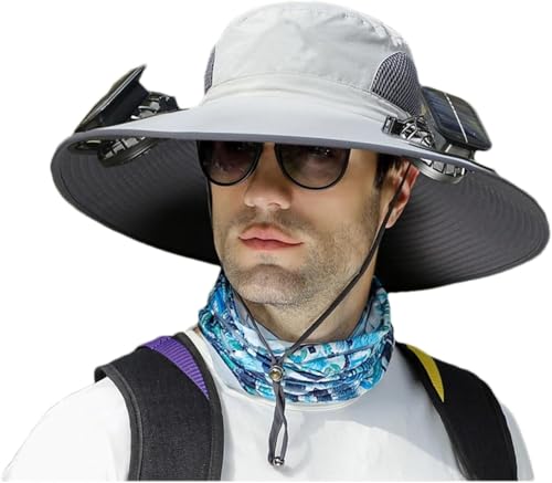 Solar Fan Sun Hat for Men Wide Brim Hat Outdoor Sun Cap with 2 Solar Fan Fishing Hat, UPF 50+, Removable & USB Charging