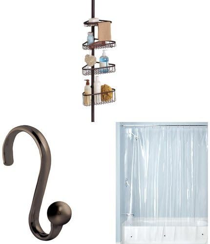 InterDesign 3-Piece Bathroom Shower Set: York Tension Pole Shower Caddy, PEVA 3-Gauge Shower Curtain Liner, Axis Steel S-Hook Shower Rings – Bronze, Clear