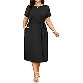 Holipick Plus Size Summer Dresses for Curvy Women Church Business Work Casual Party Tie Short Sleeves Midi Dress Pockets