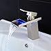 Sprinkle® Stylish Single Handle Nickel Brushed LED Waterfall Bathroom Sink Faucet LED Colors Changing Tap Temperature Control Light