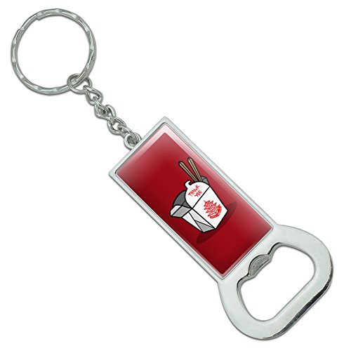 Chinese Food Takeout Box with Chopsticks Rectangle Chrome Plated Metal Bottle Cap Opener Keychain Key Ring