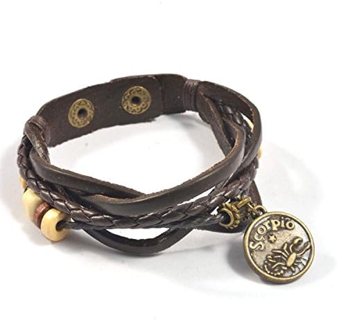 Scorpio Astrology Horoscope Bracelet Fashion Jewelry Made of Braided Leather with Brass Zodiac Charm and Adjustable 2-Snap Fastener is Unisex for Men and Women (Scorpio)