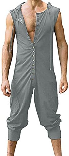 Sherrylily Mens Hoodie Button Romper Sleeveless Sports One Piece Jumpersuit Overalls