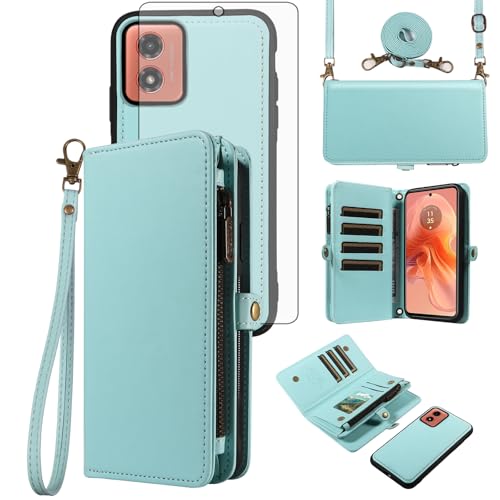 Asuwish Phone Case for Motorola Moto E14 / G04 / G04s / G24 Zipper Wallet Detachable Cell Cover with Screen Protector Crossbody Lanyard Strap Flip Card Holder Slot XT2421-2 XT2423-1 4G LTE Green