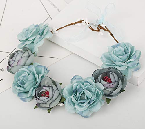 Thunaraz Women Boho Floral Crown Hair Wreath Flower Headband with Adjustable Ribbon Halo Festival Wedding Party - Thumbnail 6