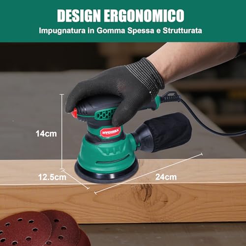 Hychika Orbital Sander, 300W 12000OPM Wood Sander, 6 Speed, with 16 Pieces Sanding Discs 125, with Quick Brake Function for Wood Sanding and Polishing
