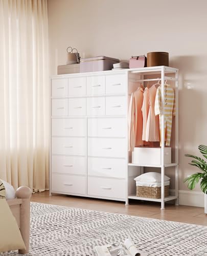 Garvee 16-Drawer Tall Dresser with Clothes Rack - Fabric Storage Chest for Bedroom, Closet Organizer with 2 Shelves & Adjustable Dividers | Vertical Space-Saving Design, White