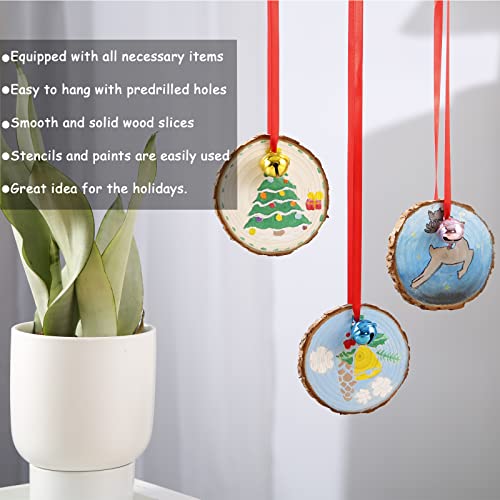 Natural Wood Slices 25 Pcs 3.1-3.5 Inches Predrilled Unfinished Wood Slices, 6 Pcs Christmas Pattern Stencils, 32 Colors Pigment, 25 Pcs Jingle Bells, 16ft Red Ribbon, DIY Craft for Christmas Ornament