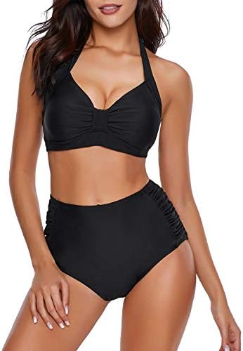 ACKKIA Women's Halter Self Tie Ruched High Waist Two Pieces Bikini Set Swimsuits
