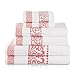 Superior 6-Piece Cotton Towel Set, Decorative Greek Pattern, Home Essentials, Absorbent Towels, Bathroom Decor, Spa, Resort, Includes 2 Hand, 2 Face and 2 Bath Towels, Athens Collection, Coral