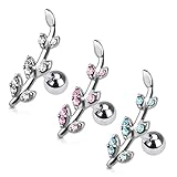 Gemmed Flower Vine Leaf Tragus Barbell 316L Surgical Steel Cartilage Bar Helix Piercing 16g
