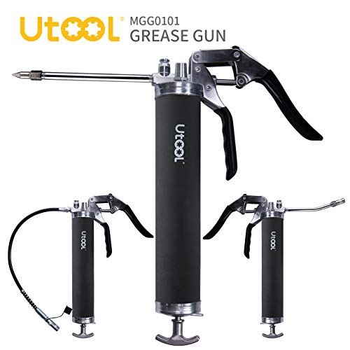UTOOL Grease Gun, 7000 PSI Heavy Duty Pistol Grip Grease Gun Set with 14 oz Load, 18 Inch Spring Flex Hose, 2 Working Coupler, 2 Extension Rigid Pipe and 1 Sharp Type Nozzle Included Black
