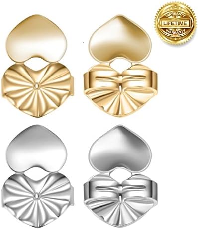 Magic Earring Backs,2 Pairs of Adjustable Hypoallergenic Earring Safety Backs (1 Pair of Silver Plated and 1 Pair of Gold Plated) As Seen on TV(Heart)
