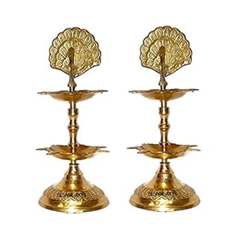 Besnik Arts Brass Traditional Peacock Design Oil Diya/Lamp for Diwali Puja,Home Temple, Festival Gifts & Home Decor (Gold) Height : 6 INCH, Pack of 2