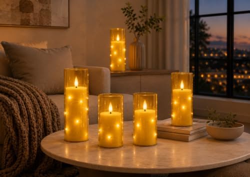 5 Candele LED Champagne con Luci Fatate Avvolgenti, Copertura Vetro Trasparente, Fiamma Tremolante Realistica, Resistenti al Caldo, 1 Telecomando per Decorazioni Interno ed Esterno