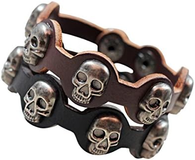️ Set of Black & Dark Brown 5 Skull Bone Leather Bracelet Fits 7 or 8-inch Biker Snap-on Punk Goth Fashion